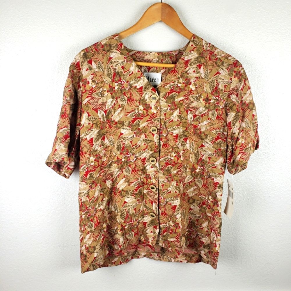 Vintage 80s Maren Blouse NWT Floral Leaf Print Button Front Rayon Made USA S